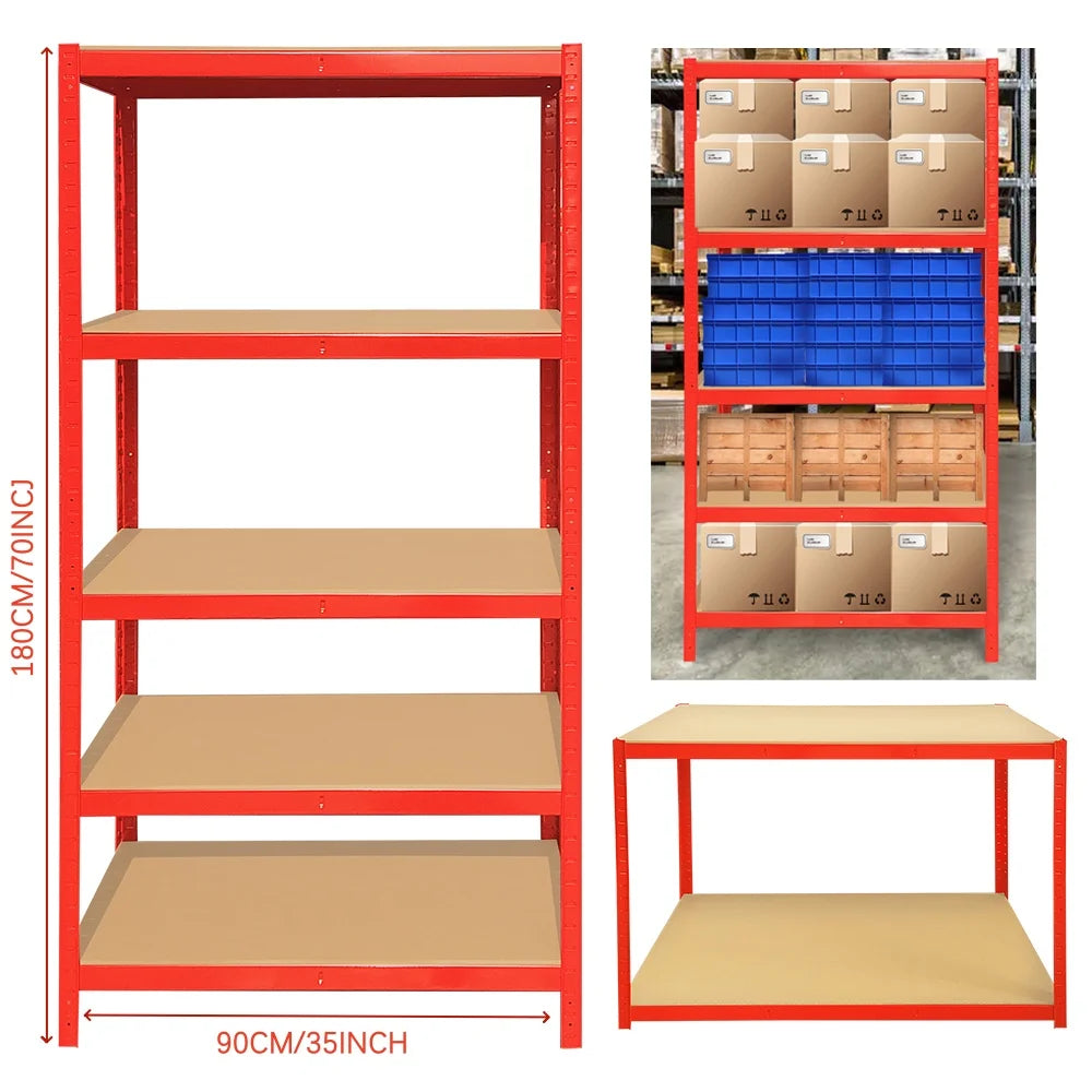 Red metal shelving unit with multiple shelves, shown with dimensions and a warehouse setting.