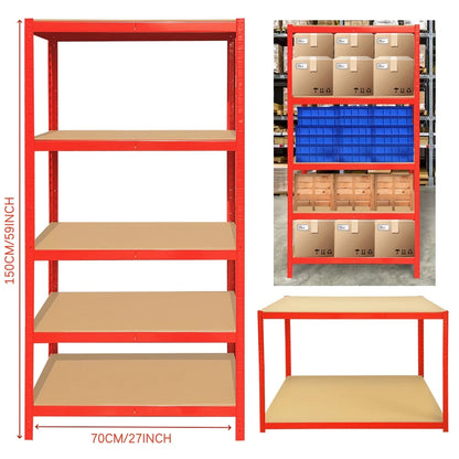 Red metal shelving unit with beige shelves, dimensions, and usage scenario in a warehouse.