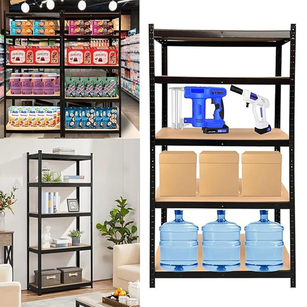 Collage of a shelf with products, a black metal shelf with tools and boxes, and a living room with a shelf.