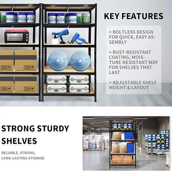 Storage shelves with various items and key features highlighted on a gray background.
