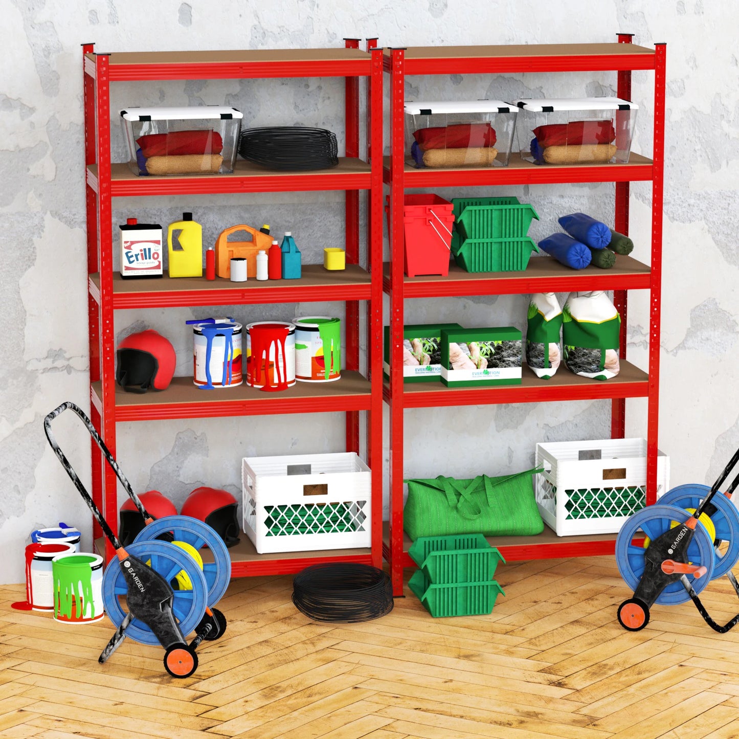 Red metal shelves with various items on a wooden floor against a gray wall.