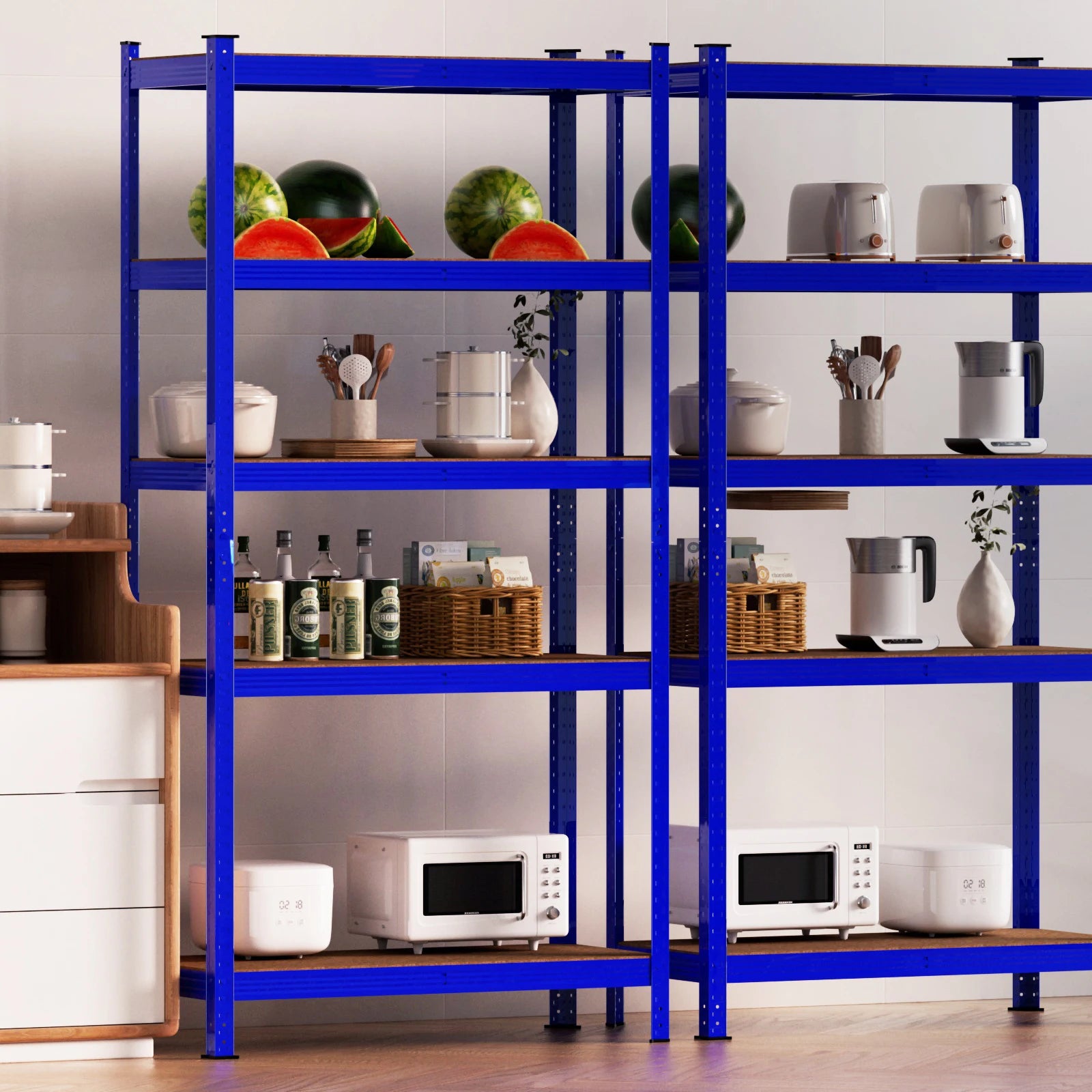 Blue metal shelving unit with various kitchen items on shelves against a white wall.