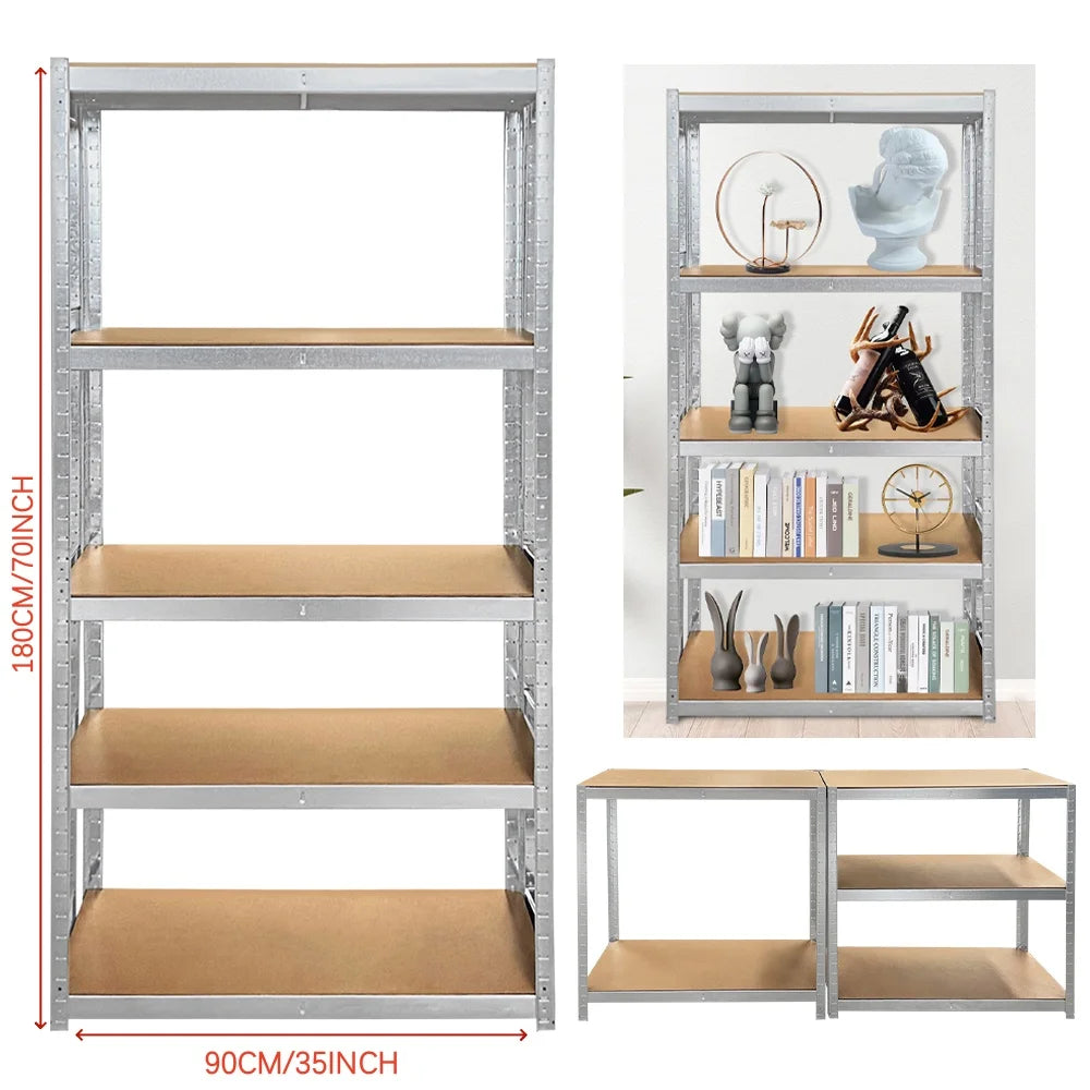 Metal shelving unit with wooden shelves and measurements on a white background