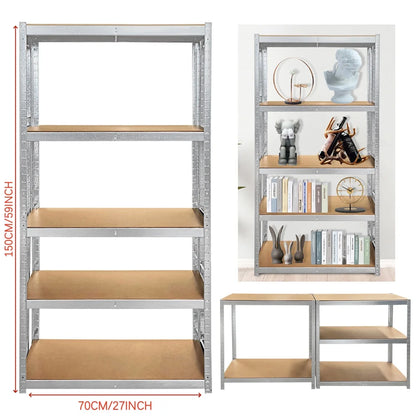 Metal shelving unit with wooden shelves and measurements on a white background