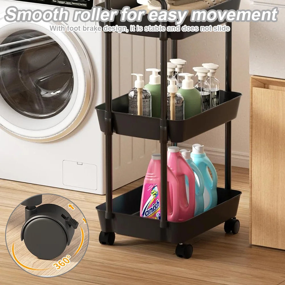 Black utility cart with cleaning supplies next to a washing machine, emphasizing smooth roller design.