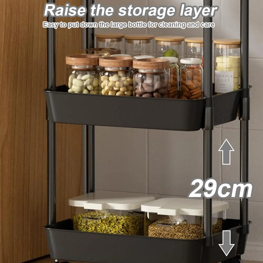 Black multi-tier storage rack with jars and containers on a neutral background