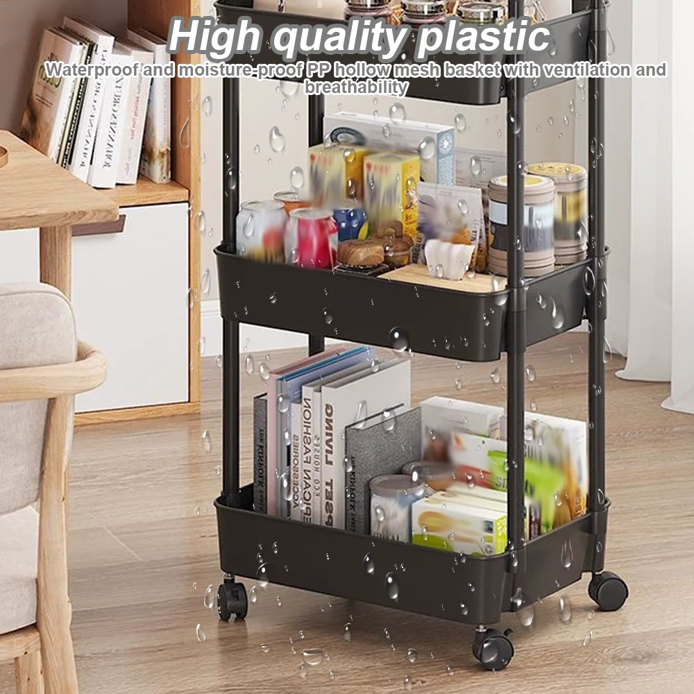 Black three-tier rolling cart with various items on a wooden floor.