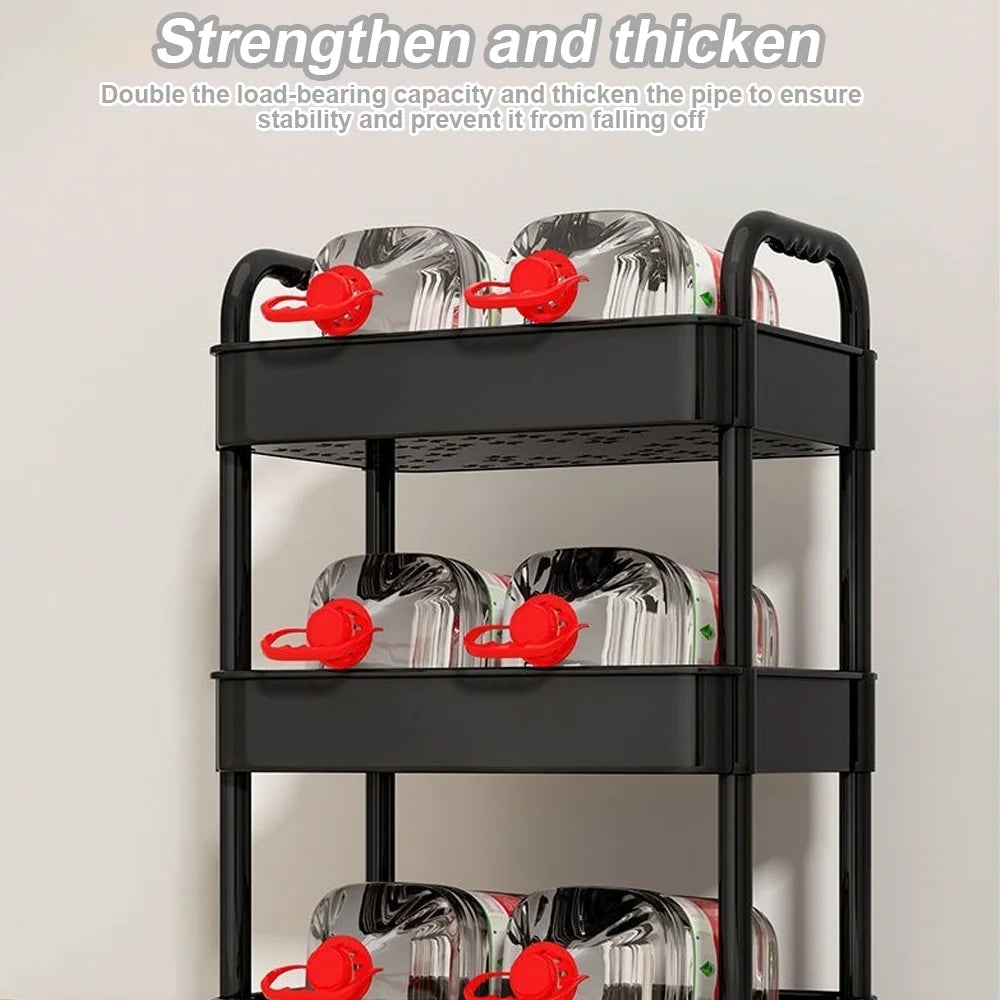 Black metal cart with red handles holding transparent containers on a plain background