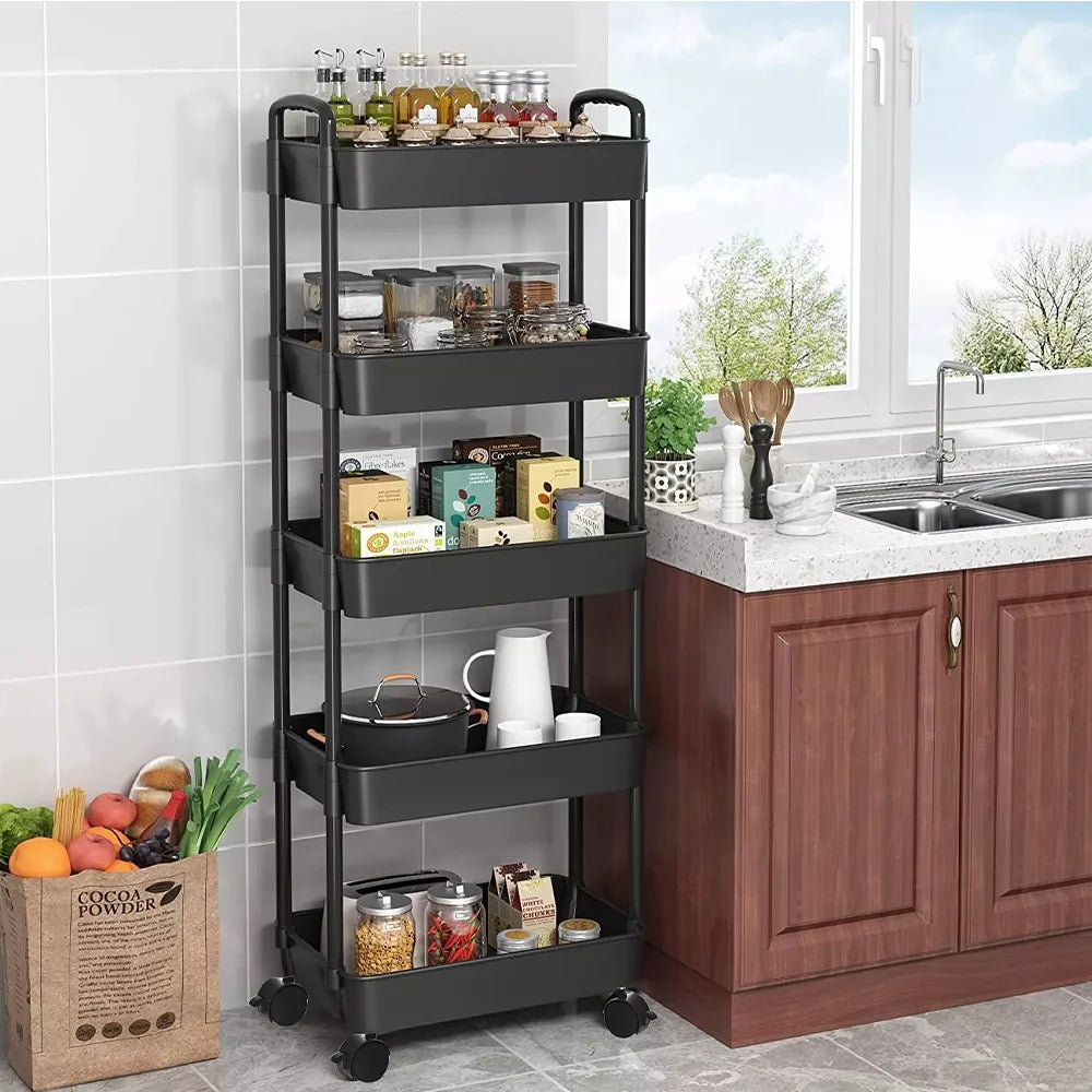 Black rolling cart in a kitchen with various items on each shelf.