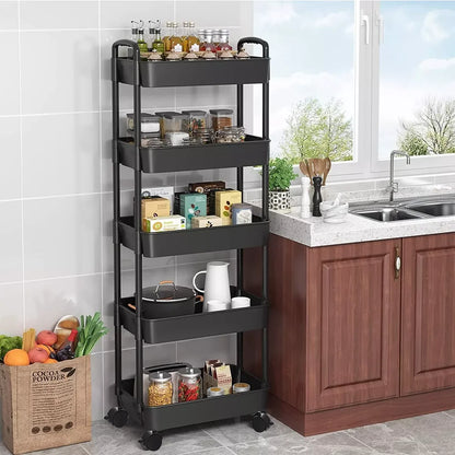 Black rolling cart in a kitchen with various items on each shelf.