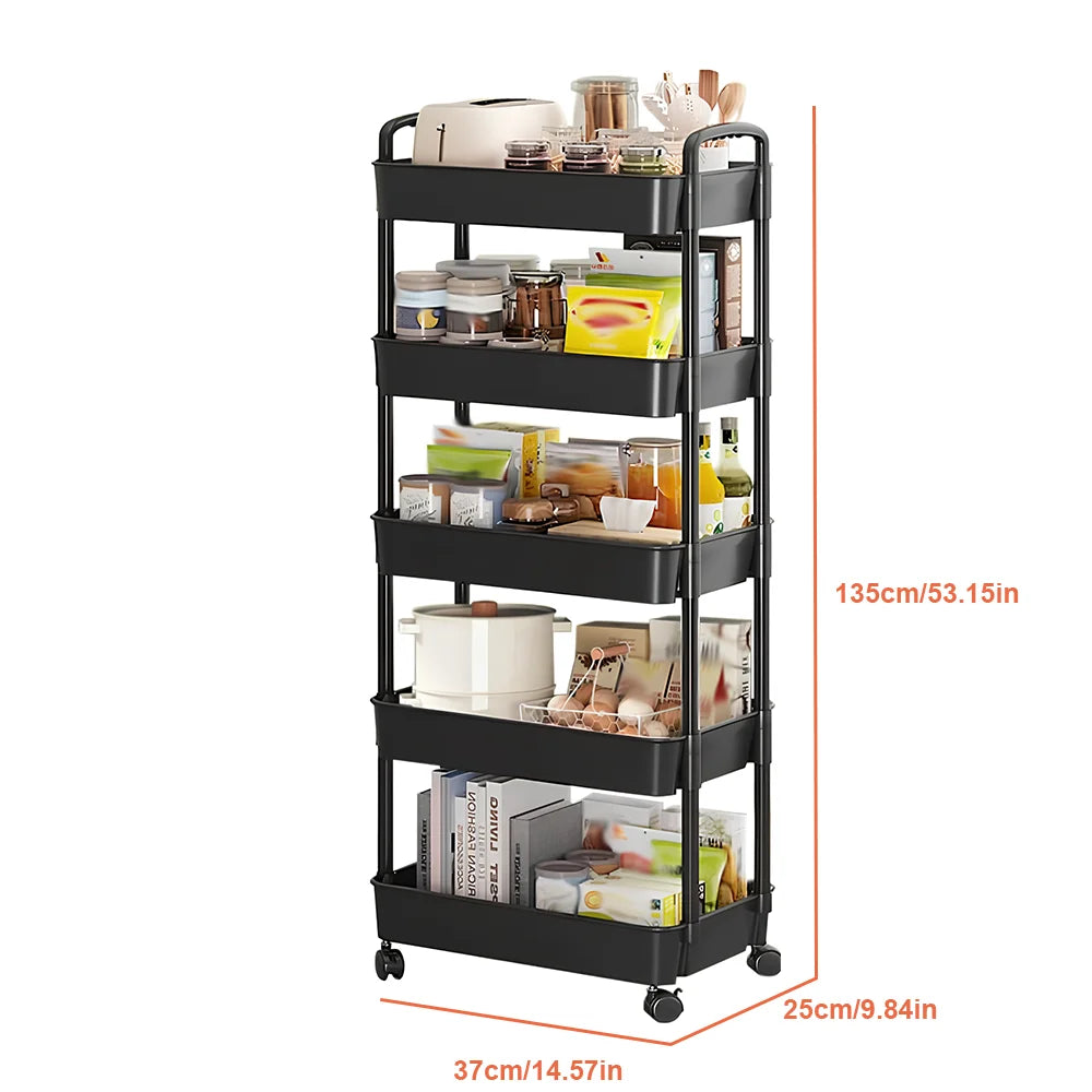Black metal utility cart with shelves filled with items, shown with dimensions on a white background.