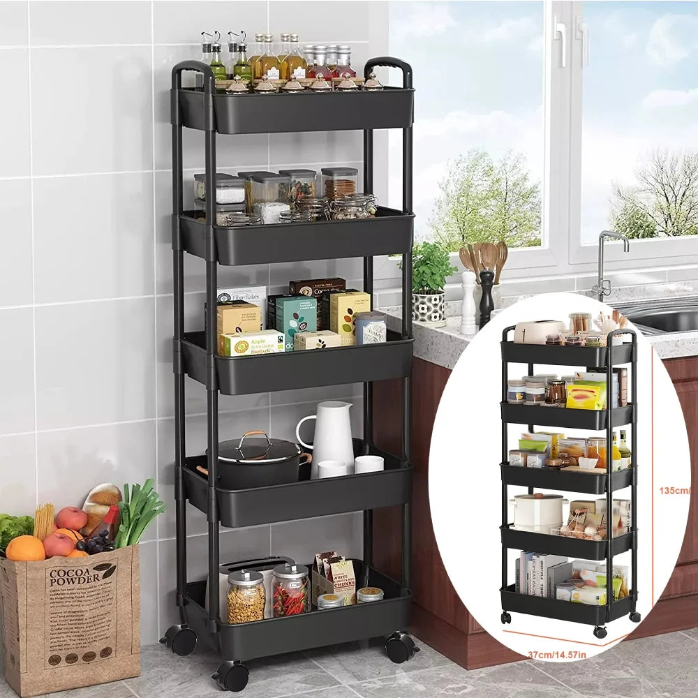 Black multi-tiered storage cart in a kitchen with various items on each shelf.