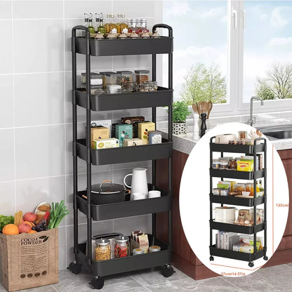 Black multi-tiered storage cart in a kitchen with various items on each shelf.