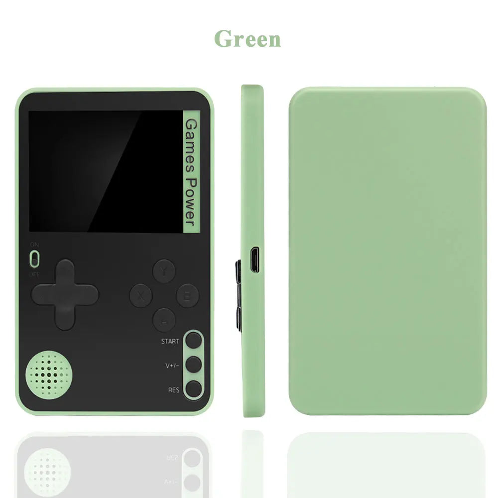 Green handheld gaming console with screen and control buttons on a white background