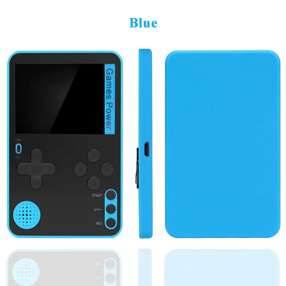 Black handheld gaming console with blue accents on a white background