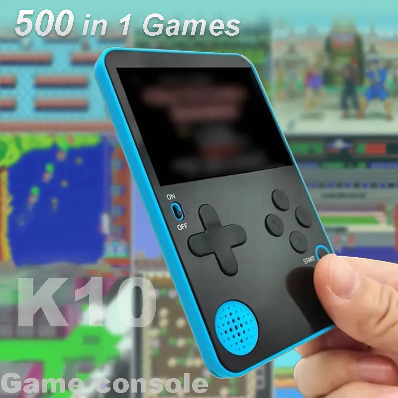 Handheld game console with '500 in 1 Games' text and 'K10' branding, held in front of a colorful game screen.