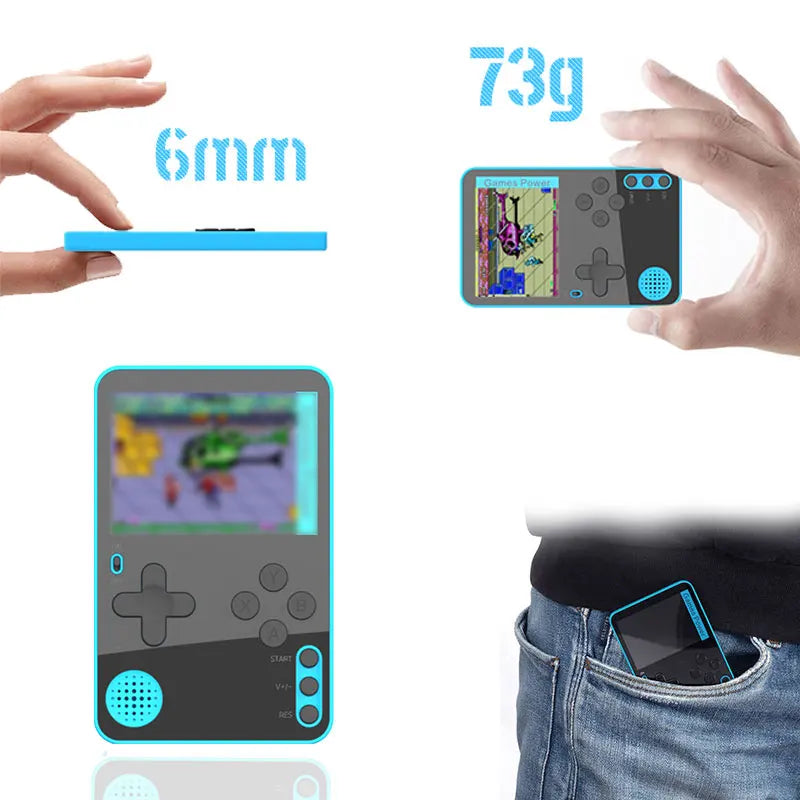 Handheld gaming console with dimensions and weight displayed, held by hands and worn in a pocket.