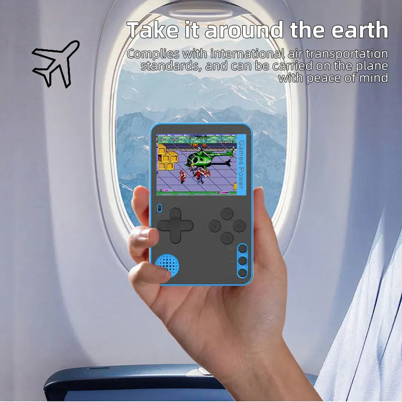 Hand holding a handheld gaming console with an airplane window in the background