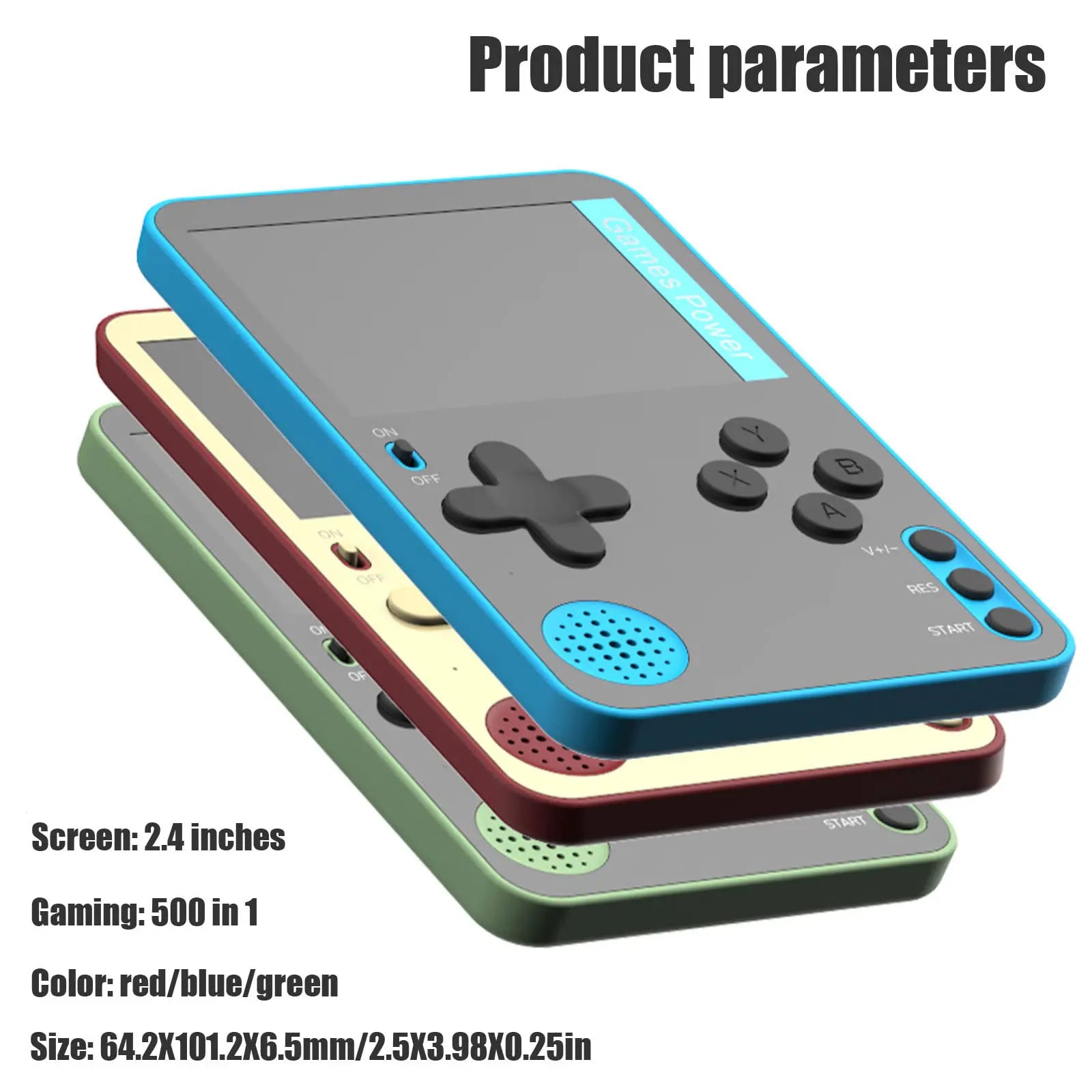 Handheld gaming console in red, blue, and green with product parameters displayed.