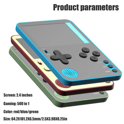 Handheld gaming console in red, blue, and green with product parameters displayed.