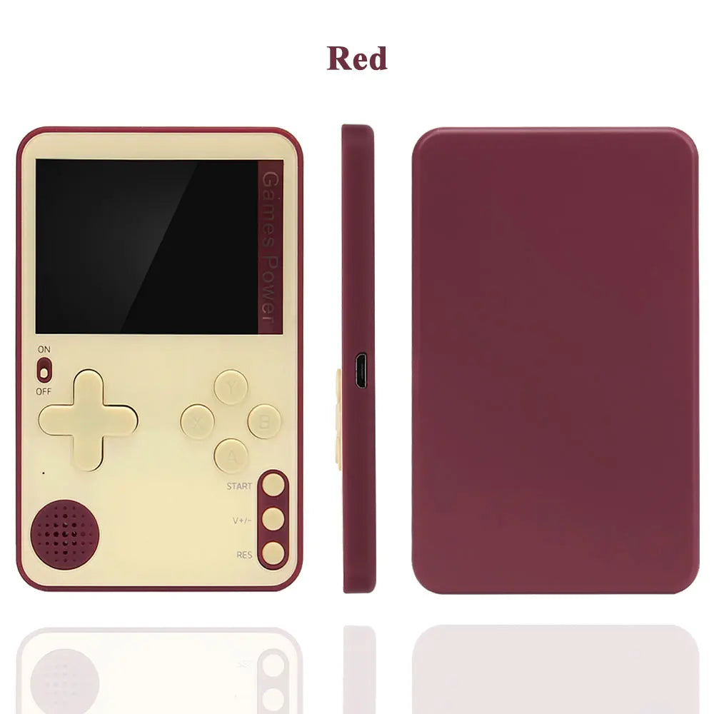 Red and beige handheld gaming console with screen and buttons on a white background