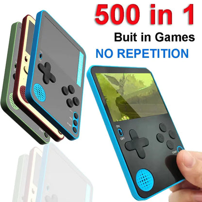 Handheld game console with multiple color options and a screen displaying a game, with text '500 in 1 Built in Games NO REPETITION'.