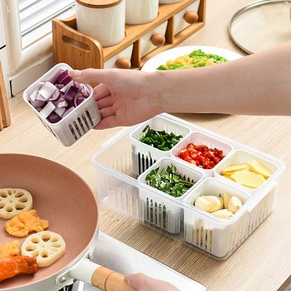 Person preparing food with a container holding chopped vegetables on a kitchen counter.