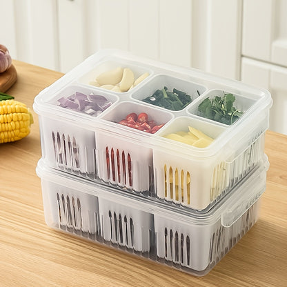 Stackable plastic food storage containers with compartments on a wooden surface.