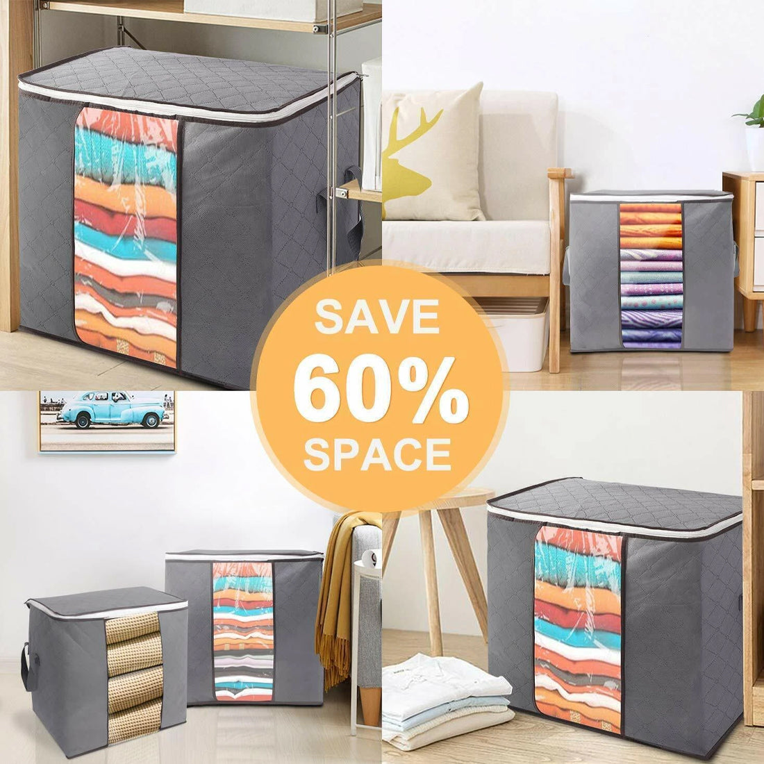 Collage of storage cubes with colorful folded clothes, save 60% space text overlay.