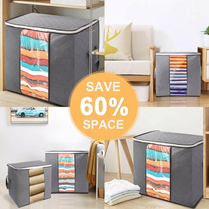 Collage of storage cubes with colorful folded clothes, save 60% space text overlay.