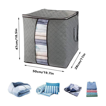 Gray storage cube with quilted texture, showing dimensions and examples of folded clothes inside.