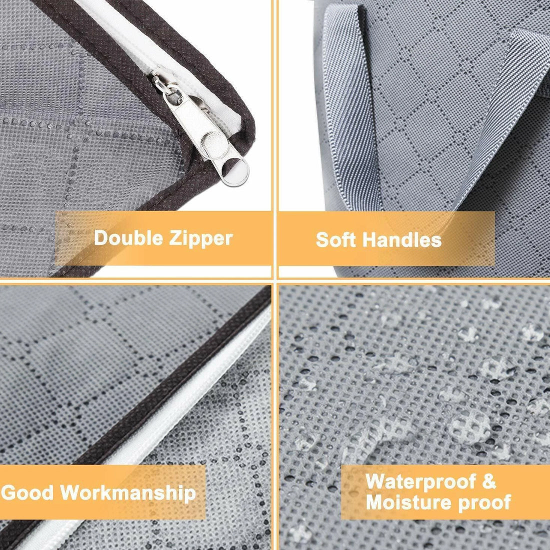 Product features including double zipper, soft handles, good workmanship, and waterproof & moisture proof properties.