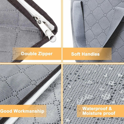 Product features including double zipper, soft handles, good workmanship, and waterproof & moisture proof properties.