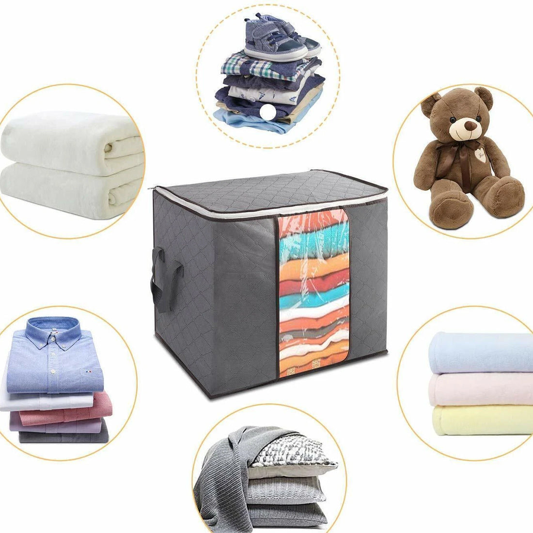 Gray storage cube with colorful interior surrounded by images of folded clothes and a teddy bear.