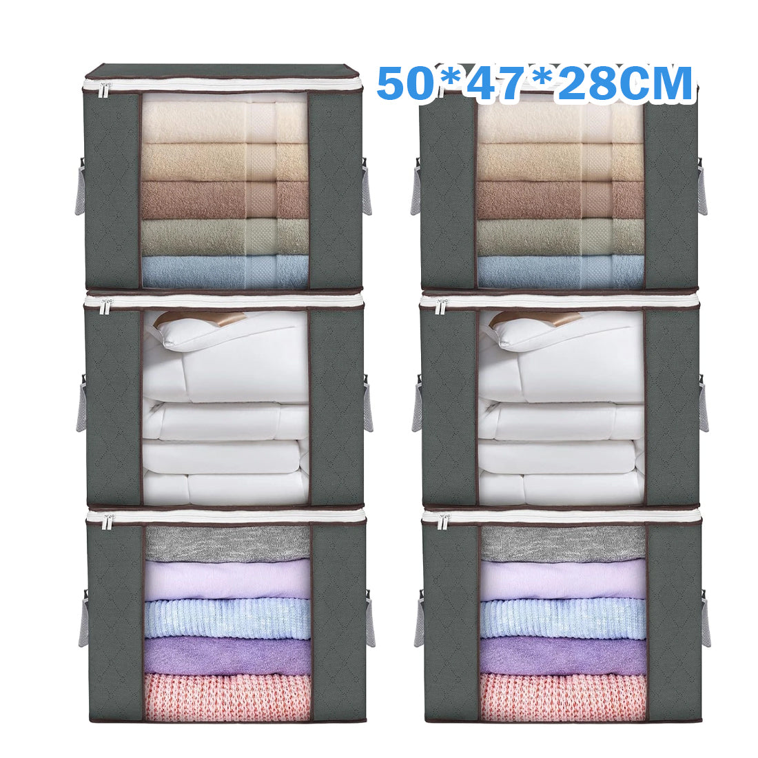 Four gray storage bags with folded clothes inside, labeled with dimensions 50*47*28CM.