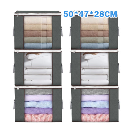 Four gray storage bags with folded clothes inside, labeled with dimensions 50*47*28CM.