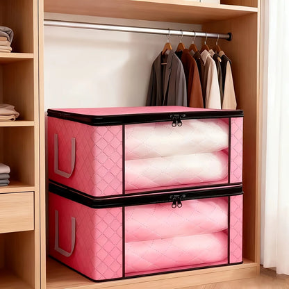 Pink storage box with quilted design in a wardrobe setting