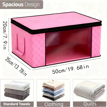 Pink storage box with dimensions and examples of items it can store.