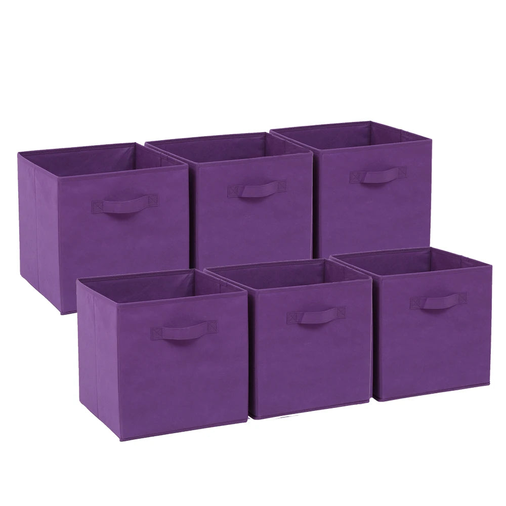 Set of six purple storage cubes with handles on a white background