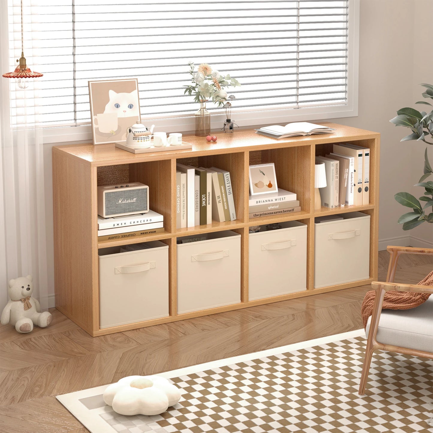 Wooden shelf with storage bins in a room with a window and chair.