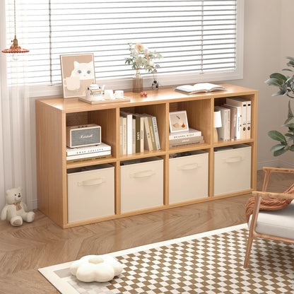 Wooden shelf with storage bins in a room with a window and chair.