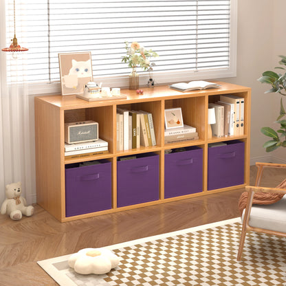 Wooden bookshelf with purple storage boxes in a room with a window and chair.