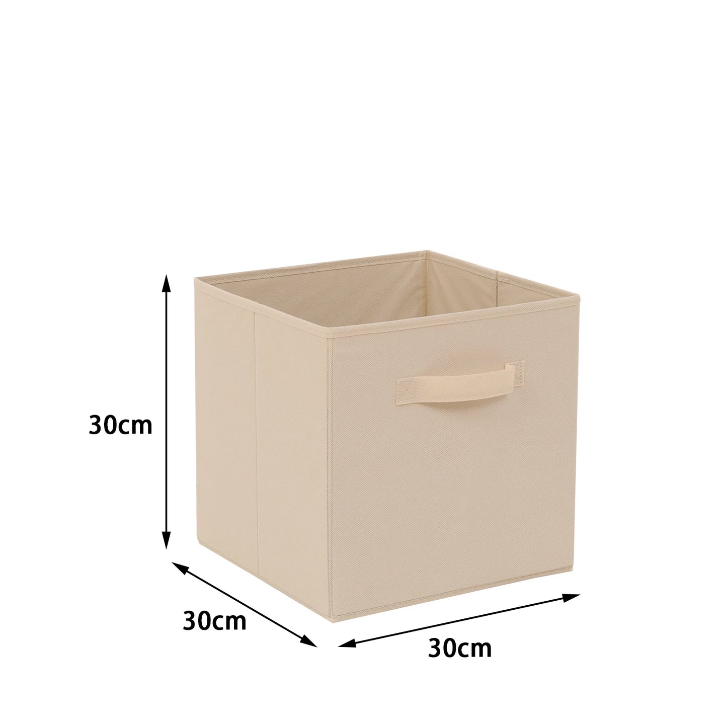 Beige cube-shaped storage box with dimensions on a white background