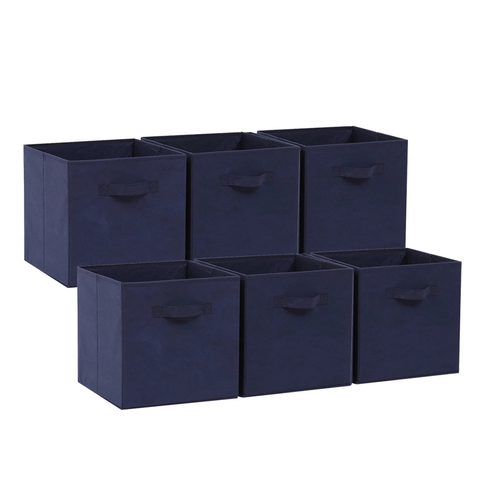 Set of six navy blue storage cubes on a white background