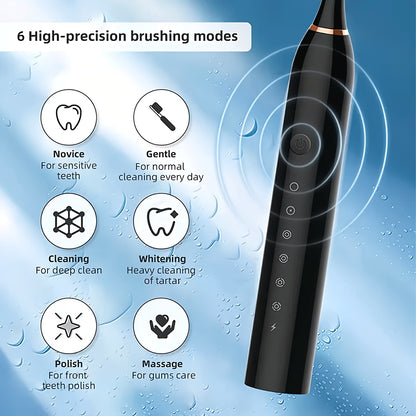 Black dental cleaning device with 6 high-precision brushing modes on a blue background