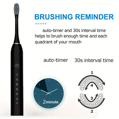 Black electric toothbrush with brushing reminder features on a white background