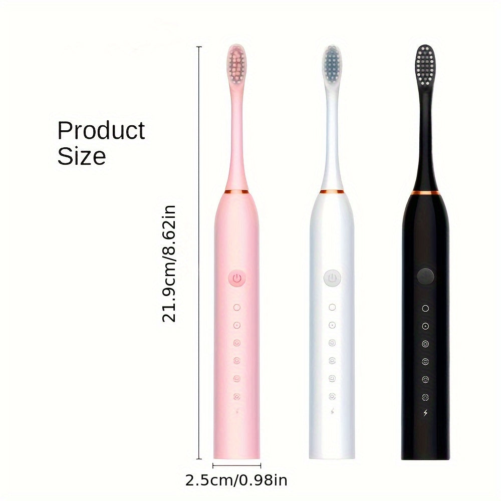 Three electric toothbrushes in pink, white, and black with measurements on a white background.