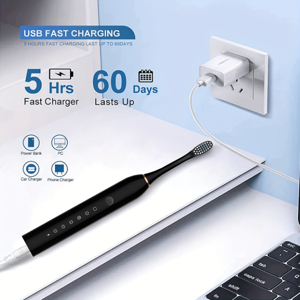 Black electric toothbrush with USB charging cable on a white surface, showing charging time and battery life.