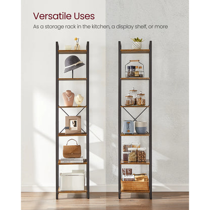 Two tall ladder shelves with various items on a neutral background, labeled 'Versatile Uses'.