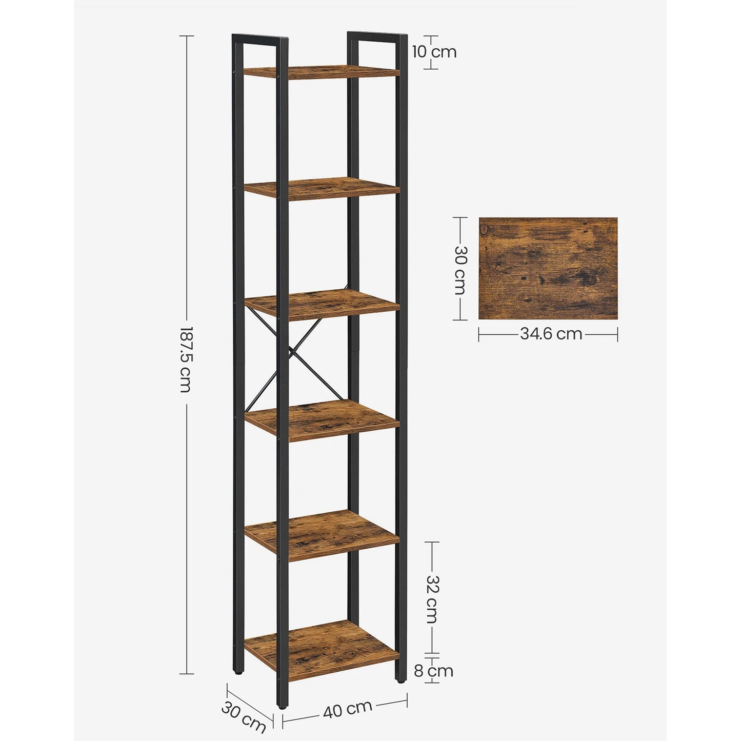 Tall bookshelf with wooden shelves and metal frame, showing dimensions on a white background.